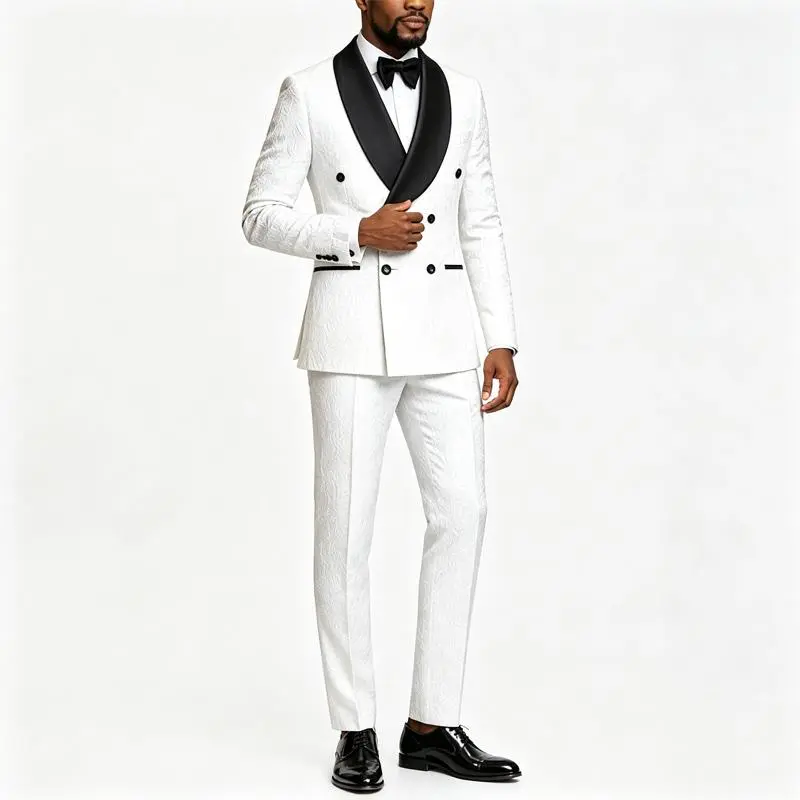 Men's White Floral Jacquard Polyester 2-Piece Double Breasted Fitted Tuxedo with Black Satin Lapel & Rhinestones, Woven Party Evening Wear for Wedding Groom, Cold Wash & Dry Clean Compatible