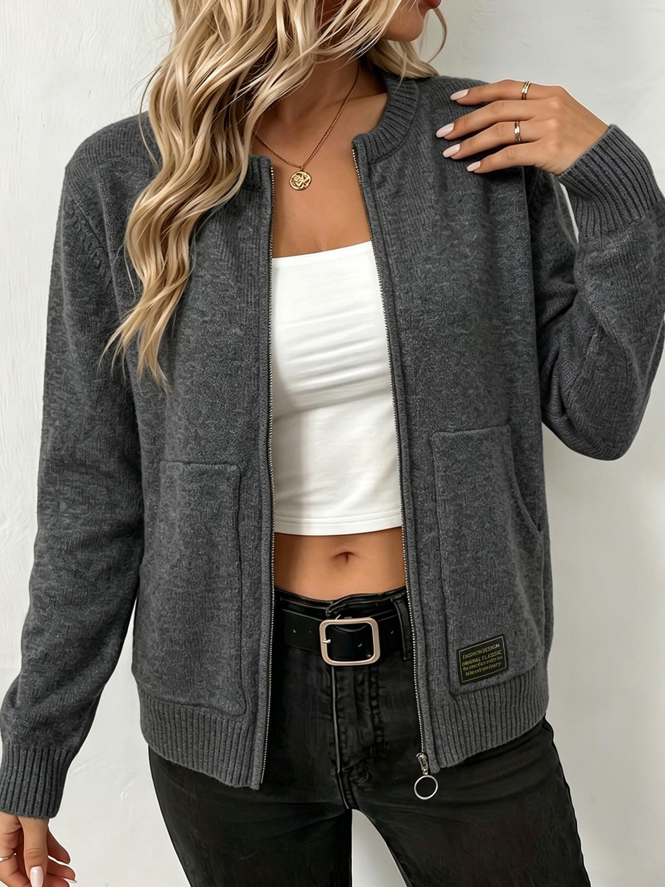 Women's Zipper Knit Cardigan Coat, Long Sleeve Pocket Design, Fall & Winter Casual Outerwear, Slim Fit 3/4 Length, Solid Color, Knitted
