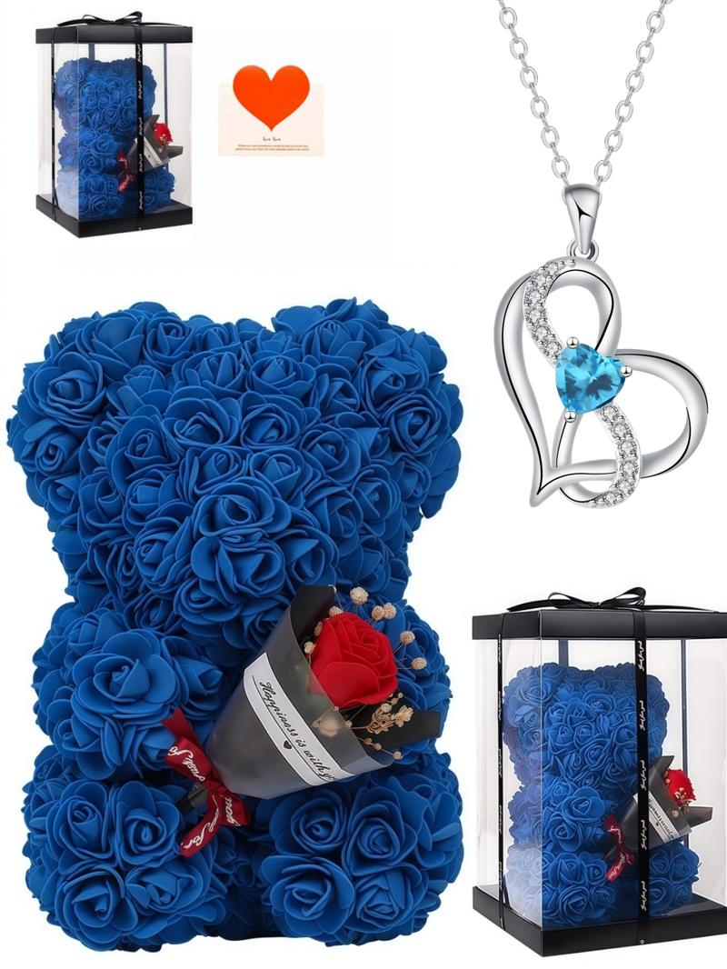 The "Double Heart Diamond Vow" new style high-end heart-shaped pendant gemstone necklace, paired with the eternal flower rose teddy bear gift box. It is an ideal Valentine's Day gift. Love Heart Necklace