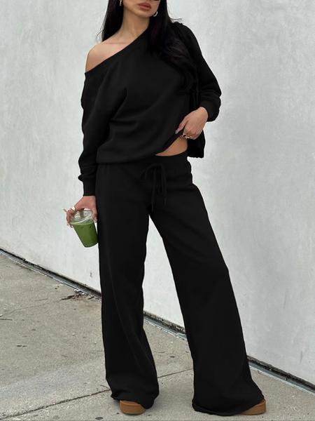 Casual Two-Piece Set, One-Shoulder Long Sleeve Top + Wide-Leg Pants, Streetwear & Daily Wear, Comfortable & Stylish Design