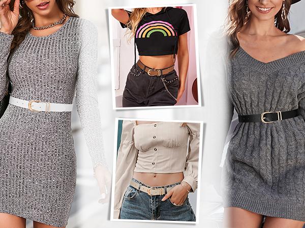 JASGOOD 3 Pack Women Leather Belts  Ladies Faux Waist Belt with Gold Buckle For Jeans Dresses Pants