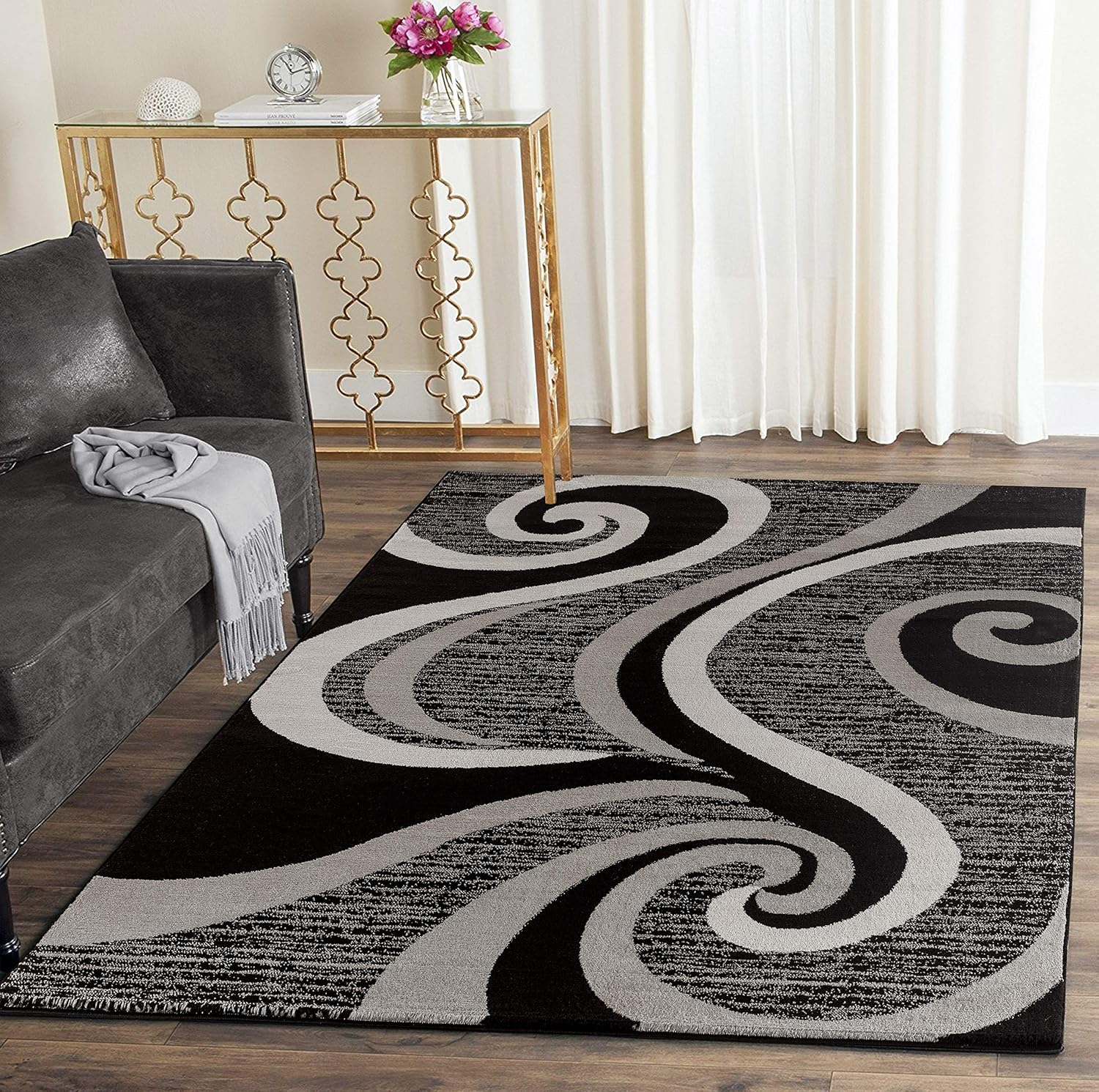 Modern Abstract Swirl Wave Geometric Flannel Area Rug - Teal Grey Black White Contemporary Print Soft Mat for Living Room, Non-Slip Minimalist Home Decor#AbstractSwirlRug #GeometricContemporaryMat #MinimalistHomeDecor #TealGreyCarpet #NonSlipFlannelRug