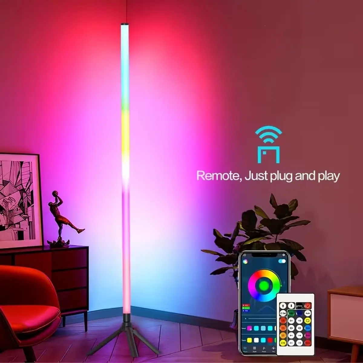 Corner Floor Lamp, 360° Color Changing Lamp with Wireless APP, Remote Control, Music Sync, 16 Million Colors And Timing for Living Room Gaming Room