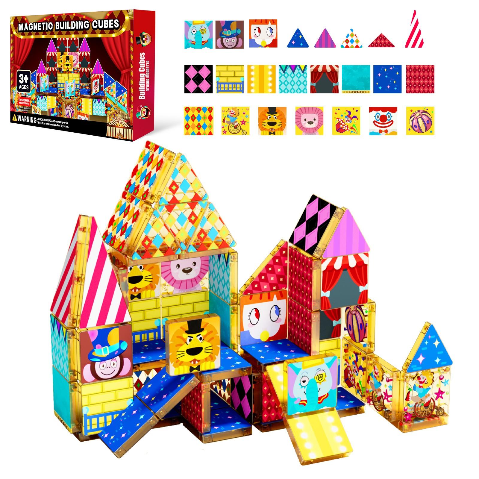 【New Sticker Set】60PCS,1.48inch Creative Sticker Magnetic Tiles,Circus Series，Magnet Building Blocks Cubes Construction Stacking Educational Assembly Toy Preschool STEM Play Creative Playboard for Toddler Kids Ages 3+,Kids Toys best gift