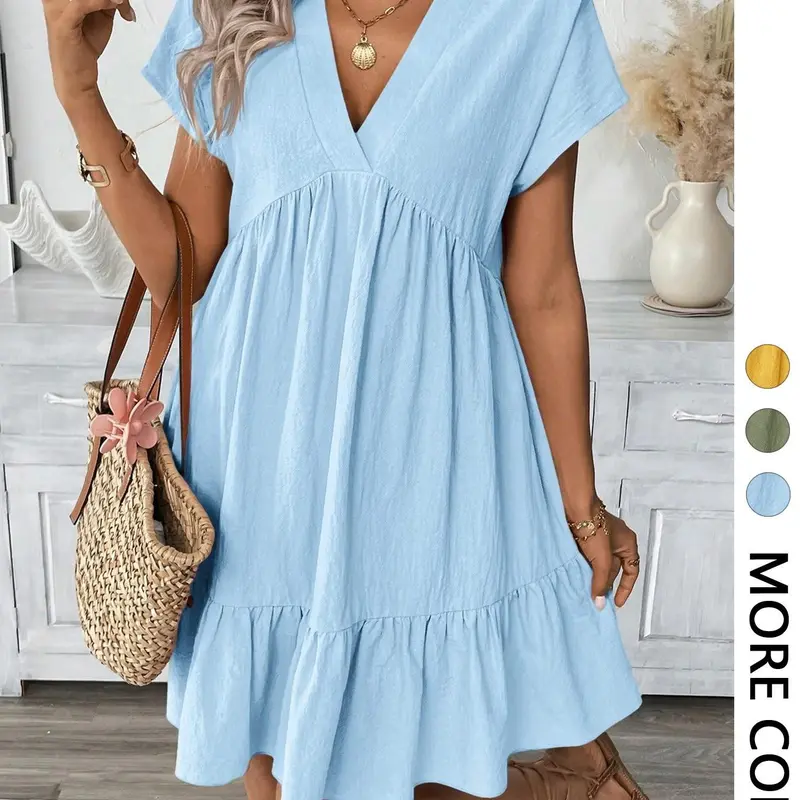 Women's Loose Short Dress, V Neck Short Sleeve Ruffle Sun Dress, Comfortable Summer, Trendy Ladies Fashion, Summer Dresses