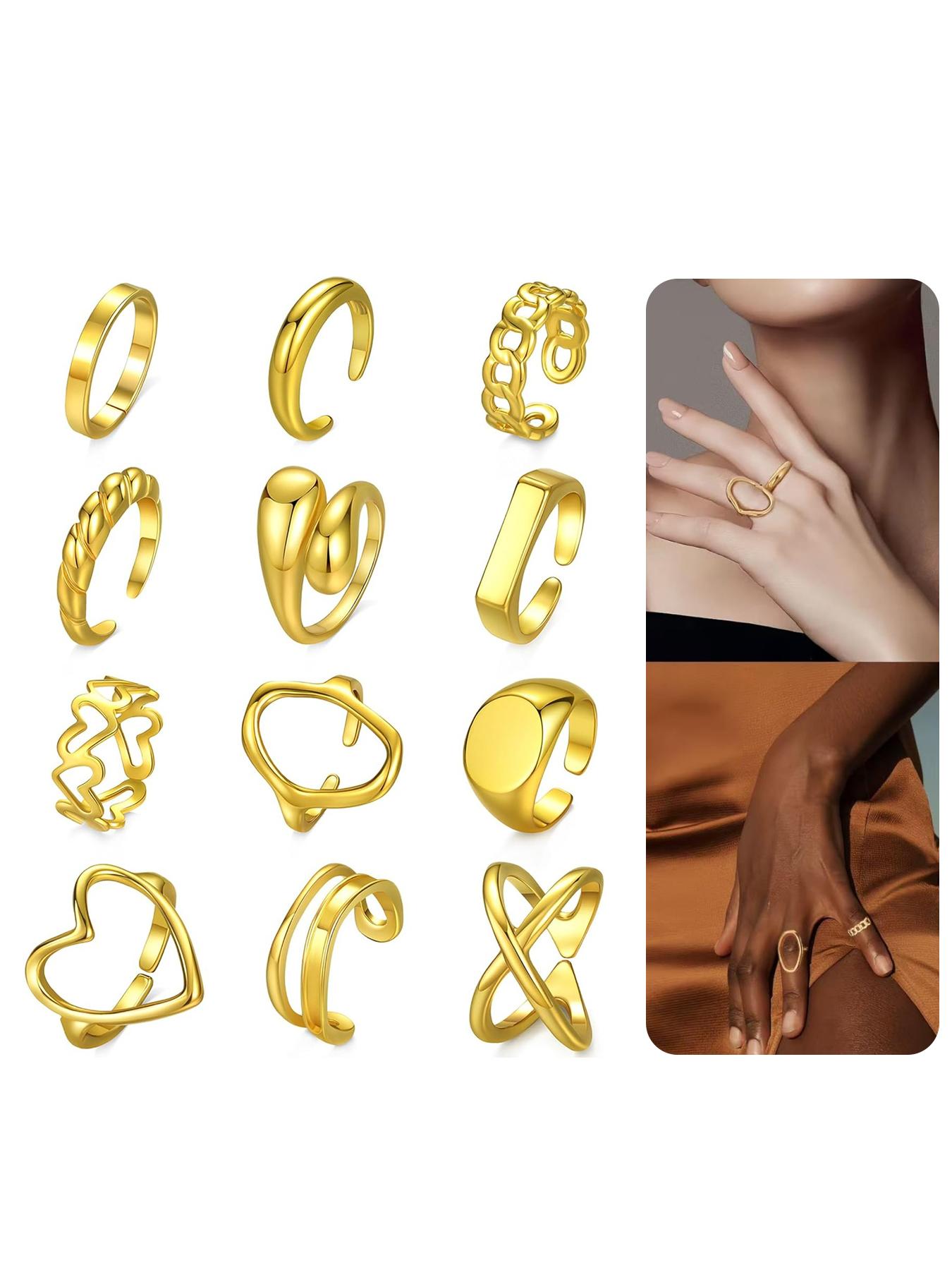 12 Pcs Stacked Rings Set, 18k Gold Plated, Open Jump Ring, Heart Pattern, Casual Style, All Seasons, Sizes 4-9, Silver Color