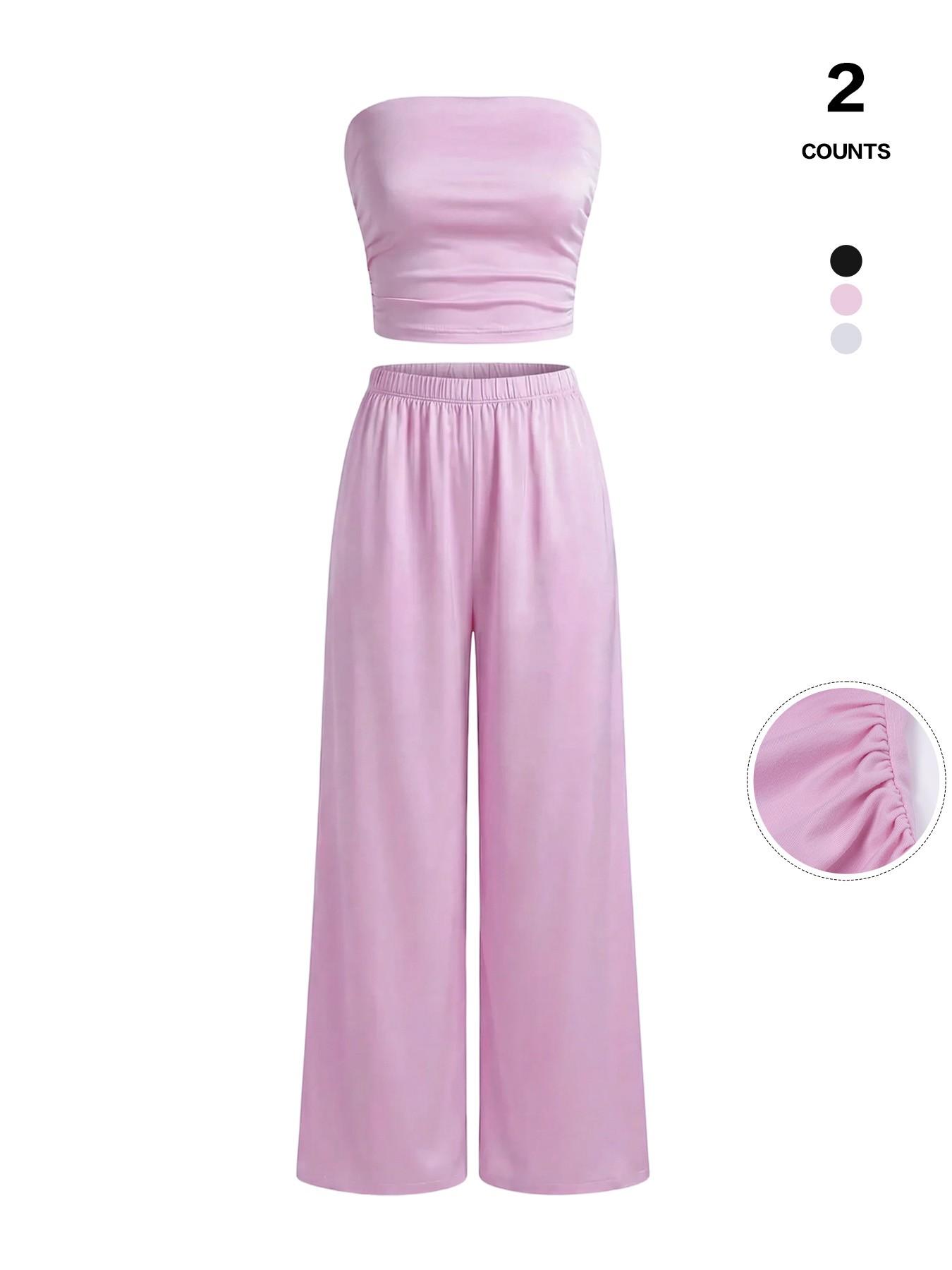 Women's 2 Piece Knit Lounge Set Strapless Tube Top and High Waisted Wide Leg Pants Casual Sweatsuit