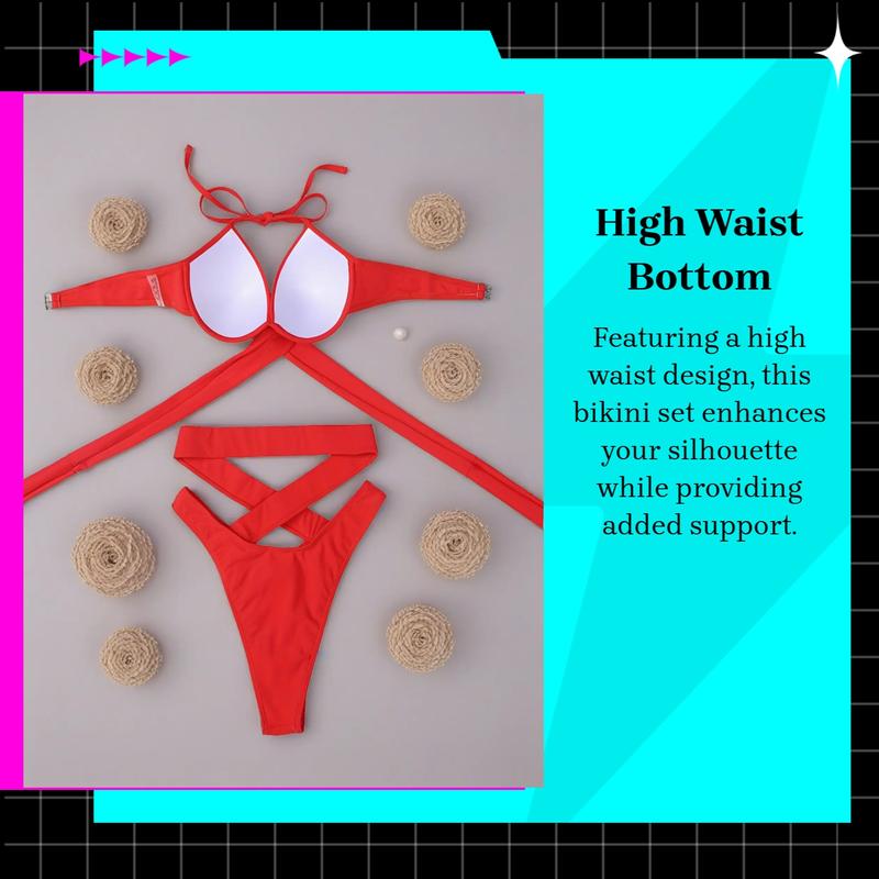 Women's Solid Sexy Criss Cross Bikini Set, Casual Halter Tie Back Swim Bra & High Waist Swim Panty, Push Up Swimsuit for Women, Summer Lace-Up Swimsuit For All Season, Two Piece Bandage Bathing Suits 2026,Fitted Cut-Out Beachsuit, Criss Cross Swimsuits .