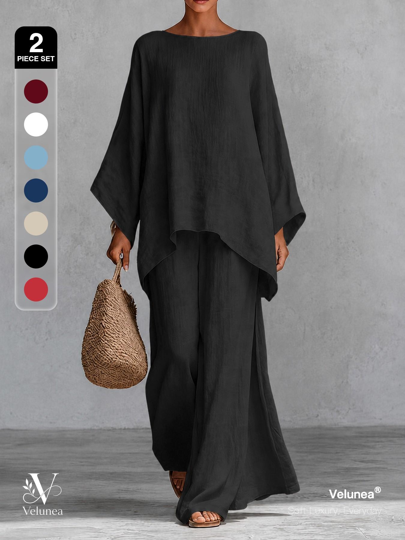 2-Piece Set, Velunea Women’s Elegant Casual Wide Leg Pants Set, Draped Cape Top and Flowing Trousers Matching Outfit, Minimalist Resort Wear for Vacation and Everyday Style