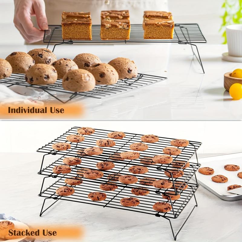 4-Piece Stackable Cooling Rack with Food Clips, Heavy-Duty Foldable Metal Kitchen Storage Rack, Oven-Safe and Dishwasher Safe