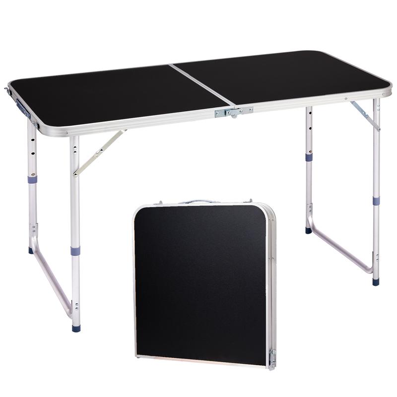 Folding Table 4 Foot Portable Heavy Duty Plastic Fold-in-Half Utility Table Small Indoor Outdoor Adjustable Height Folding with Carrying Handle, Camping and Party, Black