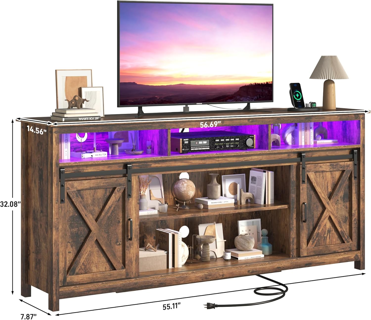 57/70/80.7in Wooden Farmhouse Entertainment Center for 90/85/80/75 inch TV,Double Layer Storage Farmhouse TV Stand,Double-Row Sockets with Wood Sliding Barn Door TV Stand (Brown/grey/white/Rustic Brown)