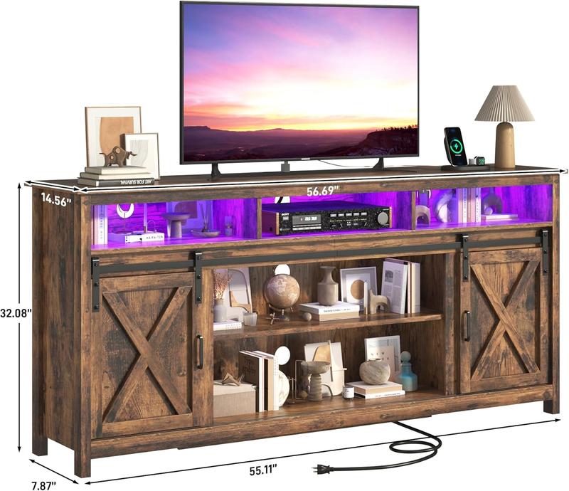 57/70/80.7in Wooden Farmhouse Entertainment Center for 90/85/80/75 inch TV,Double Layer Storage Farmhouse TV Stand,Double-Row Sockets with Wood Sliding Barn Door TV Stand (Brown/grey/white/Rustic Brown)
