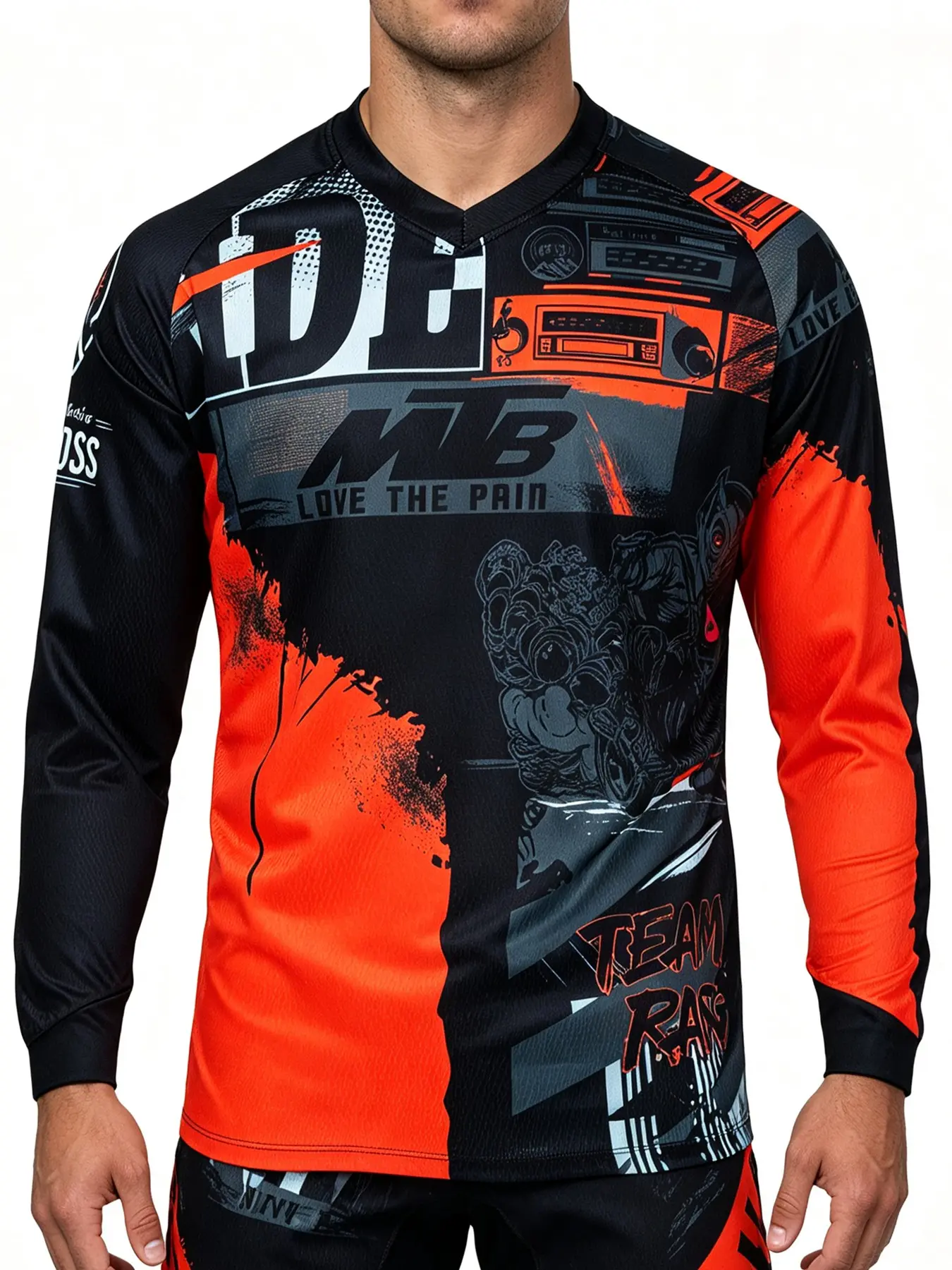 Men's Long Sleeve Downhill MTB Cycling Jersey Tops, Sports Clothing, Breathable & Durable, Graphic Print, Mountain Bike Racing Shirt