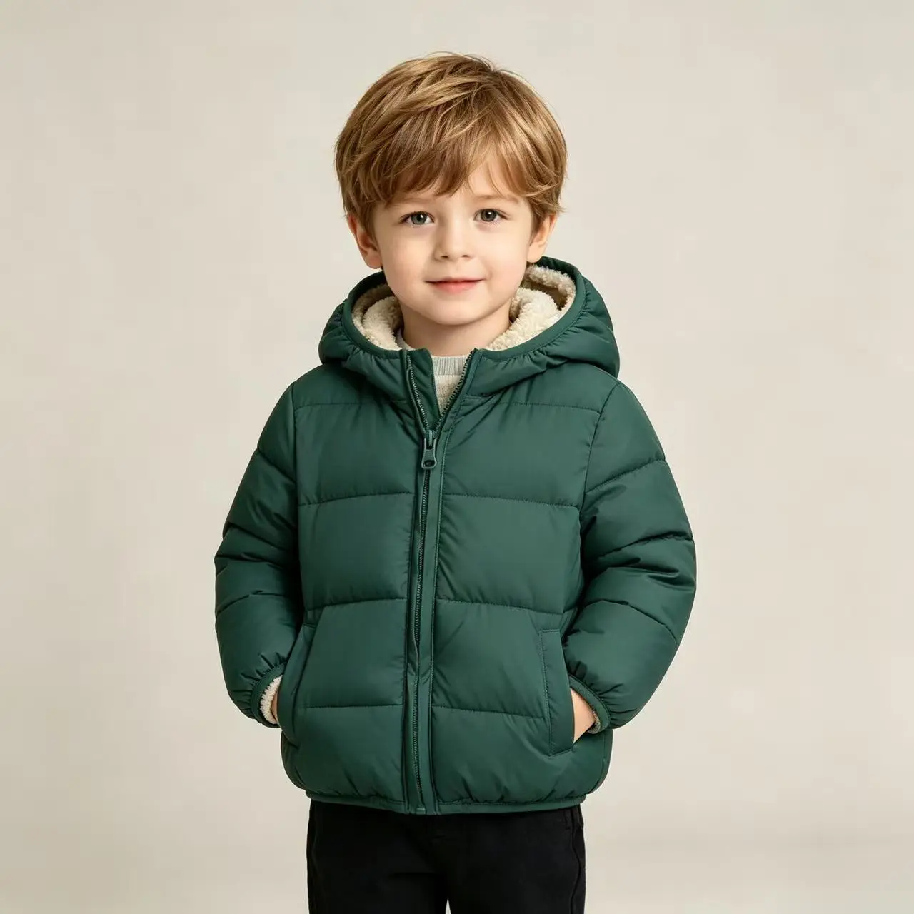 Boys' Winter Hooded Jacket, Fleece Lightweight Warm Jacket Cute Hooded Coat, Fleece-Lined And Thickened Lining, Warmer in Winter