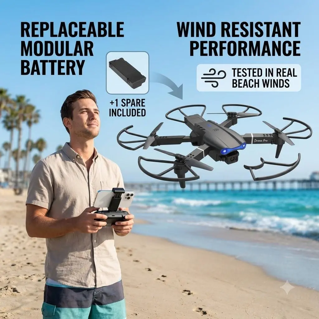 E99 Black Foldable RC Drone with Phone Holder, 2 Rechargeable Batteries and Storage Bag