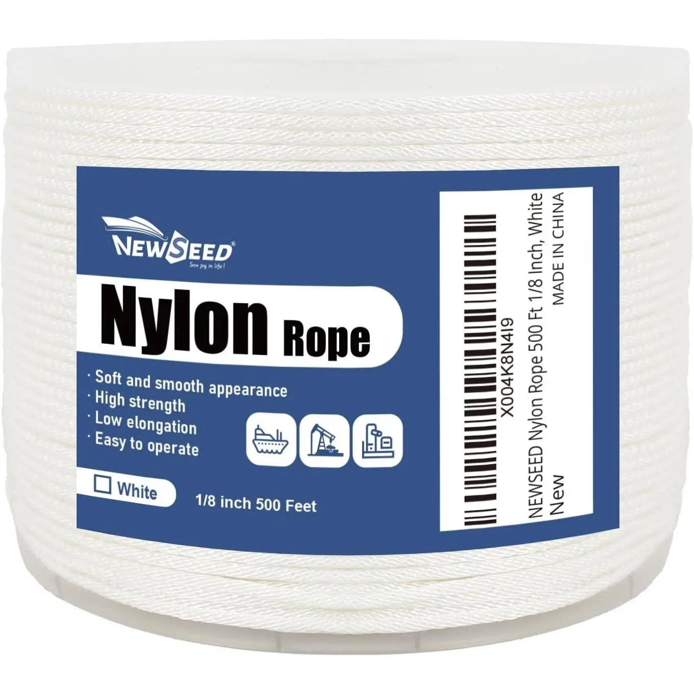 NEWSEED 500 Ft 1/8 Inch Nylon Rope Duty Rope (White)| Multipurpose for Indoor&Use, and Abrasion Perfect for Clothesline, Camping Hiking, Flag Line, Swing