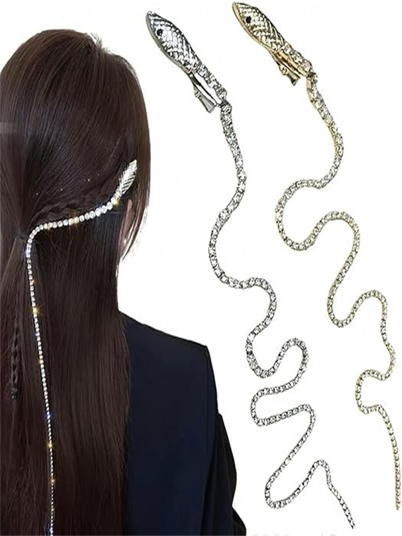 Niceneeded 2 Pcs Rhinestone Snake Hair Chain, Punk Crystal Tassel Hair Clip Chain, 50.8cm Long Rhinestone Decorative Hair Accessory for Women Halloween