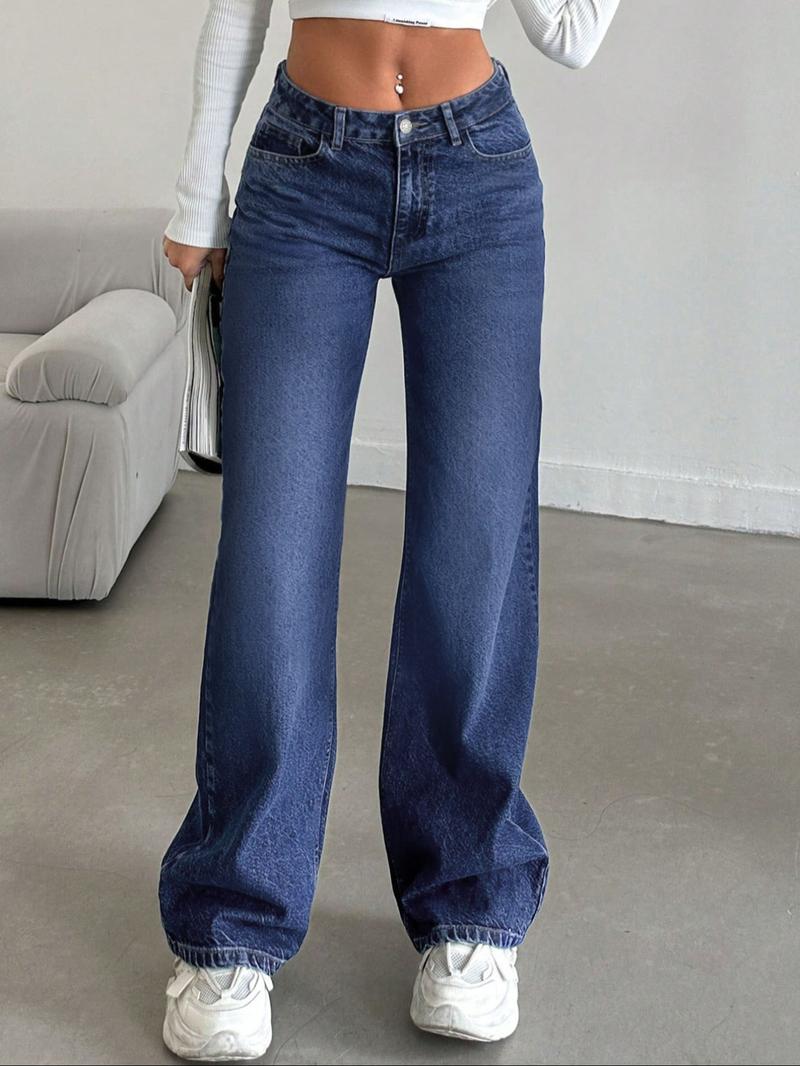 Women's Low Rise Nondistressed Jeans, Street Style Retro Loose Fit Straight Jeans, Fashion Washed Jeans for Daily Wear