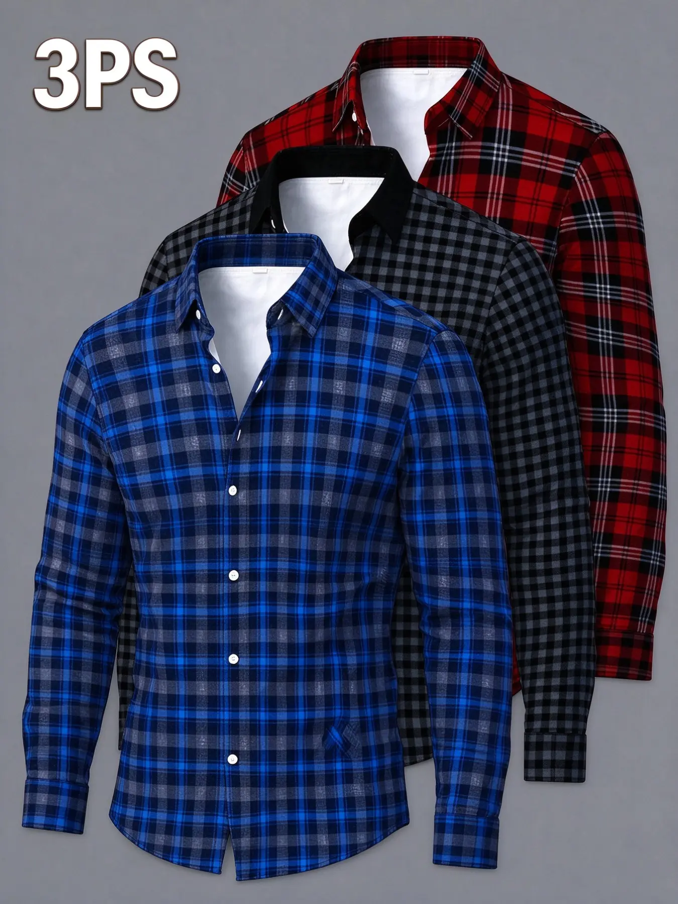 3-Pack Men's Plaid Long Sleeve Shirts, Classic Collar Button Design, Smooth Fabric, Slim Fit, Casual & Business-Ready, High Value