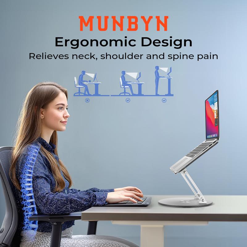 【Valentine’s Day Gifts – MUNBYN 360° Rotating Laptop Stand】Adjustable Foldable Aluminum Laptop Stand, 2-in-1 Multifunctional Laptop Stand Hub for Gaming laptop & Mobile stand,Gray