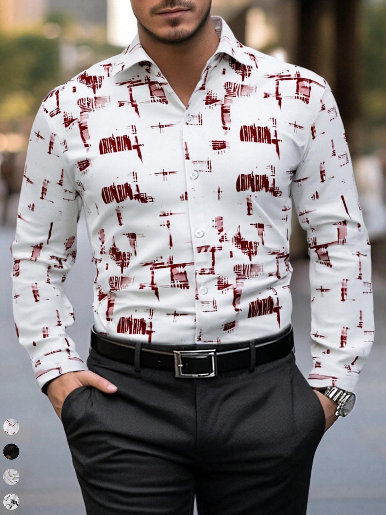 Men's All Over Print Button Front Shirt, Casual Regular Fit Long Sleeve Collared Top for Daily Wear, Fashion Men's Clothes for All Seasons