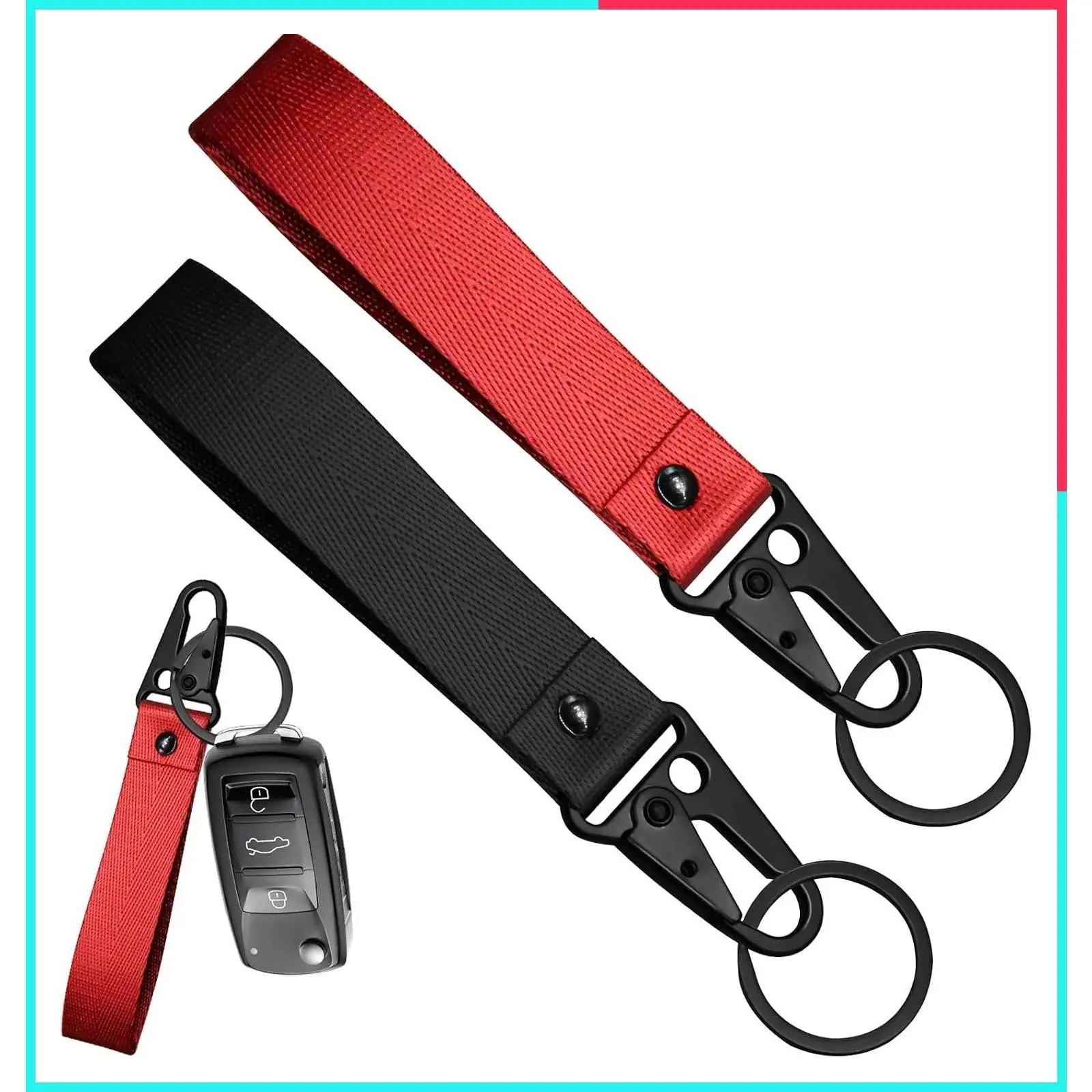 2Pcs Black and Red Motorcycle Fabric Keychains with Anti-Lost Lanyard Straps
