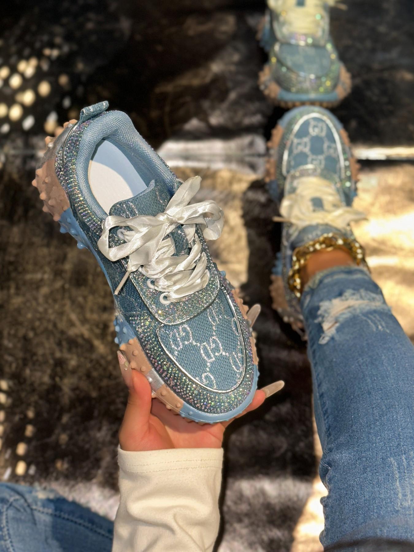 2026 Spring Denim Embellished Dad Shoes for Women, Thick Sole Height-Boosting Casual Sports Shoes, Comfortable and Stylish Footwear