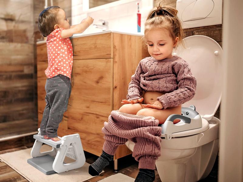 Orzbow 2-IN-1 Potty Training Toilet Seat with Step Stool for Toddler, Stability Training Potty Seat for Kids Boys Girls with Splash Guard and Anti-Slip Pad, Adjustable Ladder & Potty Seat Height, Grey