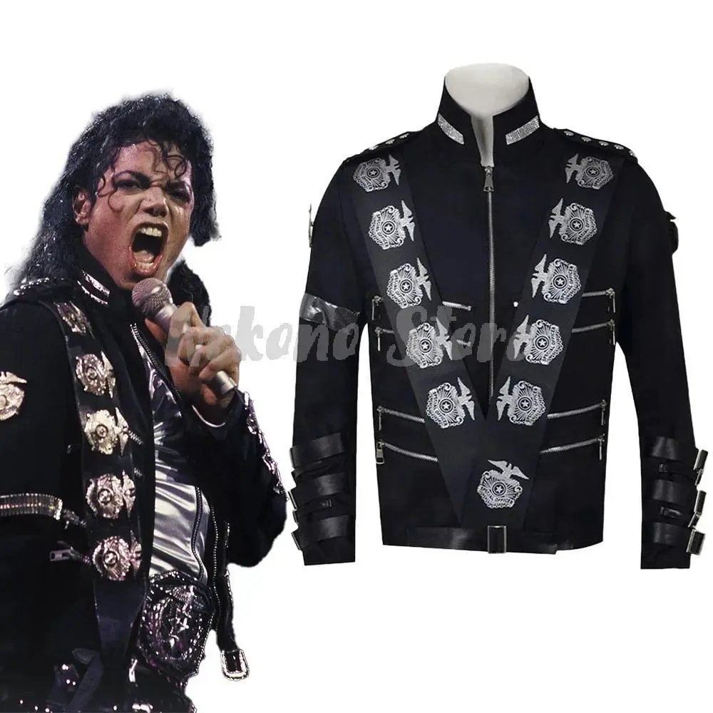 MJ King of Pop Replica Black Punk Jacket Eagle Metal Badge Decor Cosplay Outfit Singer Impersonator Fancy Suit