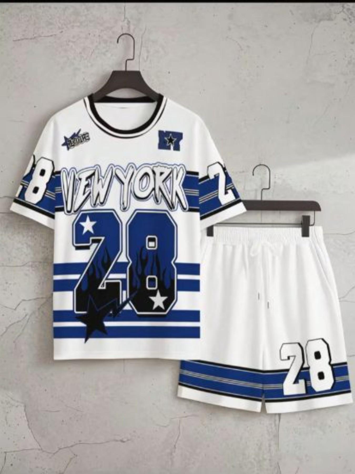 Summer Men's Outdoor Round Neck Short Sleeve T-Shirt and Shorts Set, Casual Letter Number Print, Fitted, Above the Knee, Sporty Style