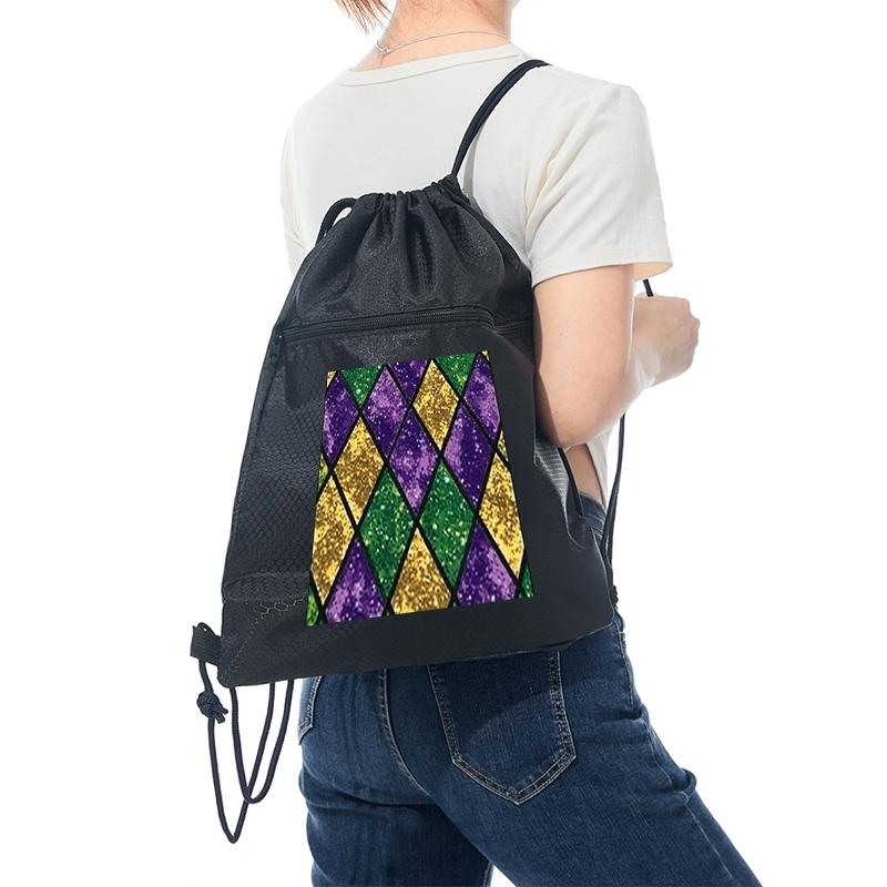 Mardi Gras Colorful Diamond Pattern Drawstring Backpack Lightweight Gym Bag for Travel and Sports Use Perfect Gift for Festival Celebrations Carnival Party Fans and Costume Accessory Lovers Ideal Holiday Present for Adu