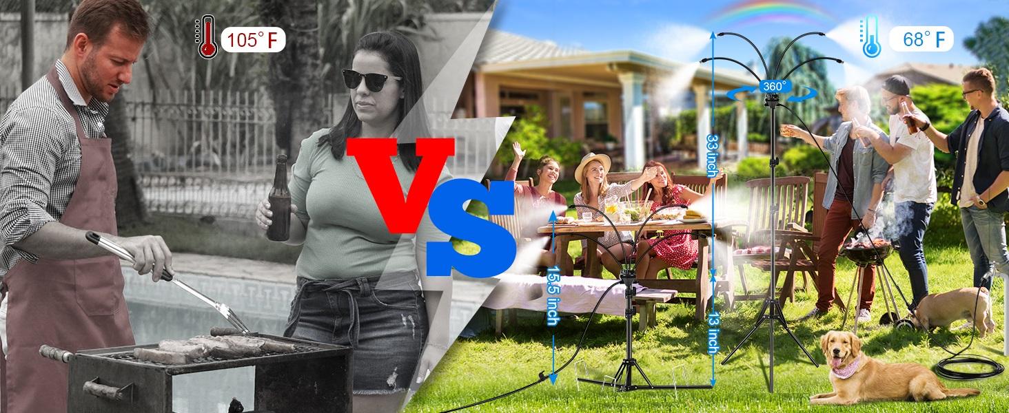 Standing Misters for Outside Patio,Portable Misting System for Cooling Outdoor - 32.8Ft Stand Misting Line with Adjustable Height 5.25 FT Stand Spray for Yard Garden BBQ Party Pool Water Playing Beach Tropical Sprinklers