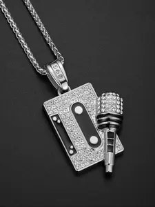 Hip Hop Style Tape Microphone Pendant Necklace, Alloy Chain with Zircon Gemstones, Street Fashion Jewelry for Daily Wear