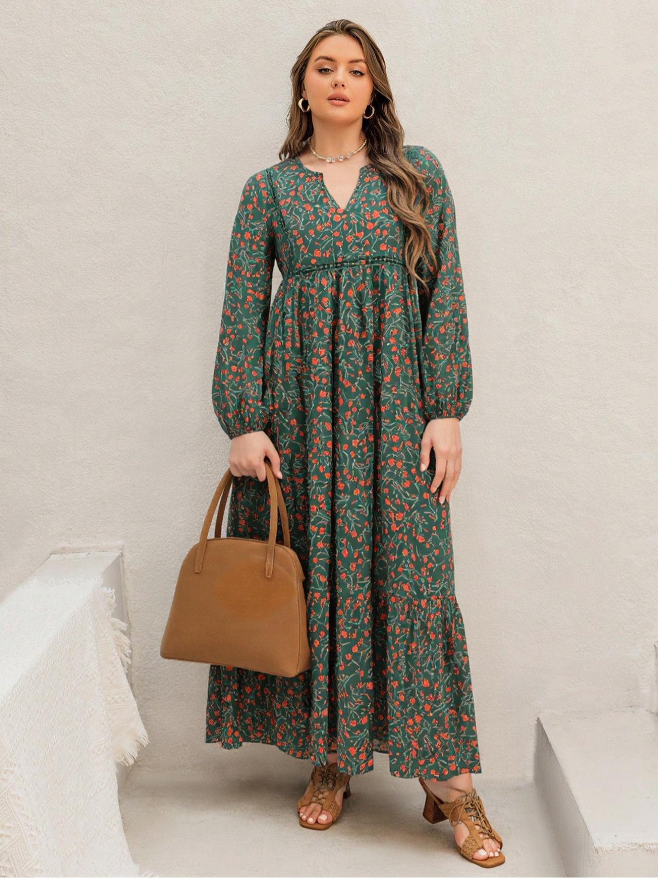 Plus Size Women's Floral Woven Dress, Fall Winter V Neck Tie Back Lace Trim Long Sleeve Maxi Dress, Casual Elegant Fashion Plus Size Women's Floral Woven Dress, Fall Winter V Neck Tie Back Lace Trim Long Sleeve Maxi Dress, Casual Elegant Fashion