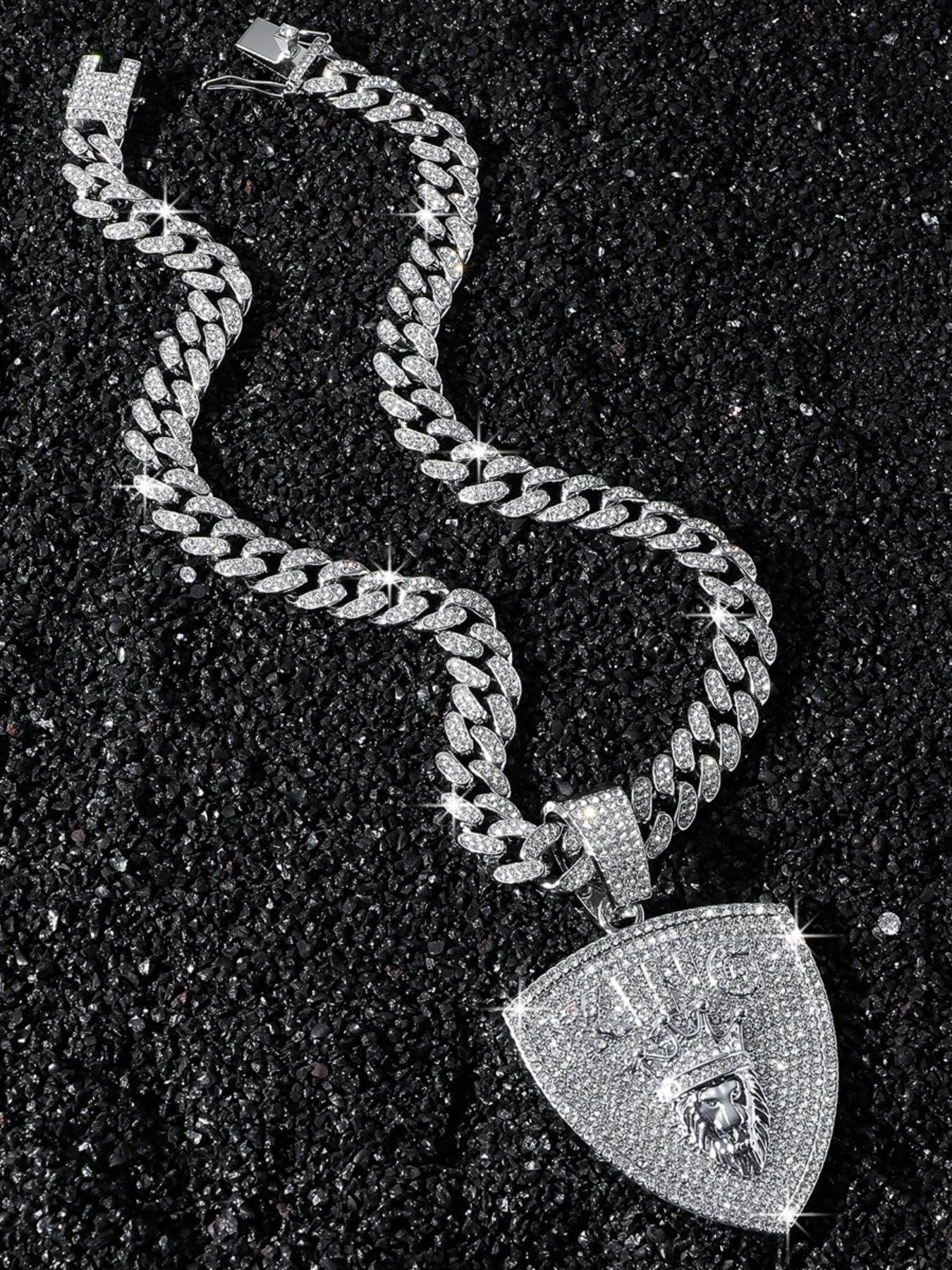 Luxury Full Diamond Crown Lion Shield Pendant, Men's Hip Hop Cuban Link Design Chain Accessory, Street Style Necklace, All Seasons Wear