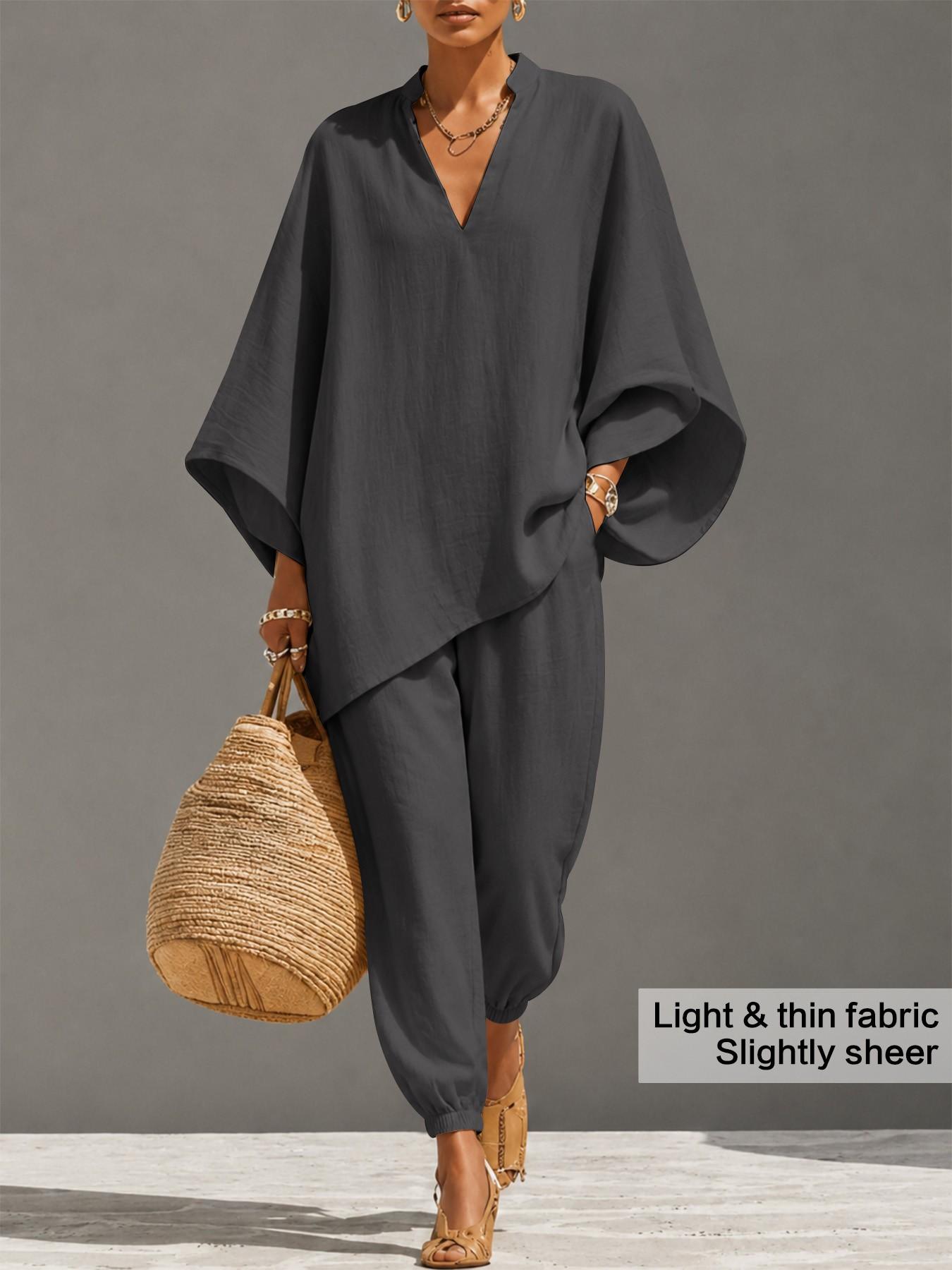 Women 2 Piece Set, Stand Collar Half Zip Tunic Top, Batwing Sleeve Jogger Pants, Lightweight Breathable Elastic Fabric, Side Pockets