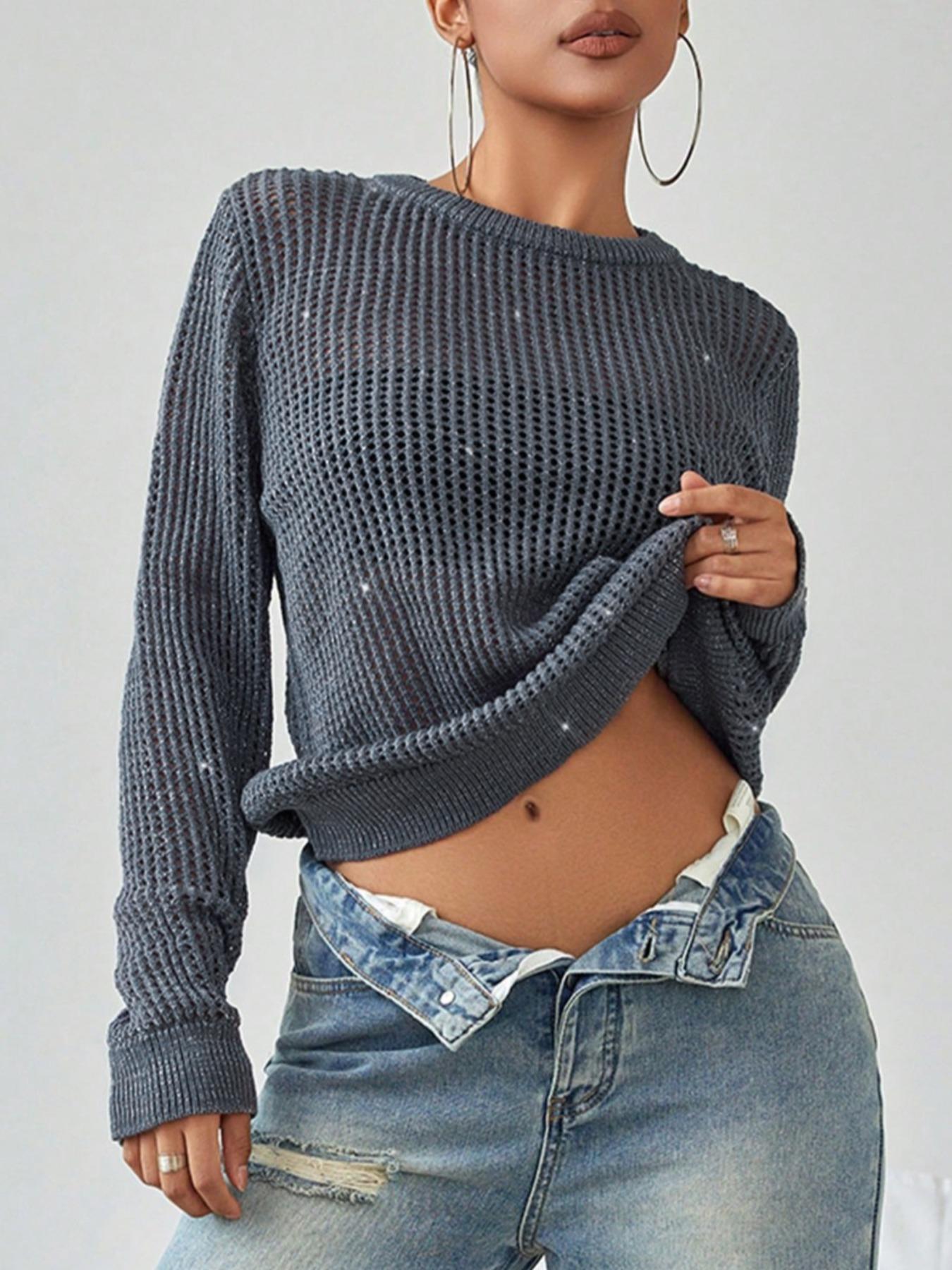 Women's Glitter Hollow Out Sheer Round Neck Sweater Pullover, Casual Long Sleeve Crew Neck Jumper for Fall & Winter, Fashion Ladies' Knitwear for Daily Wear
