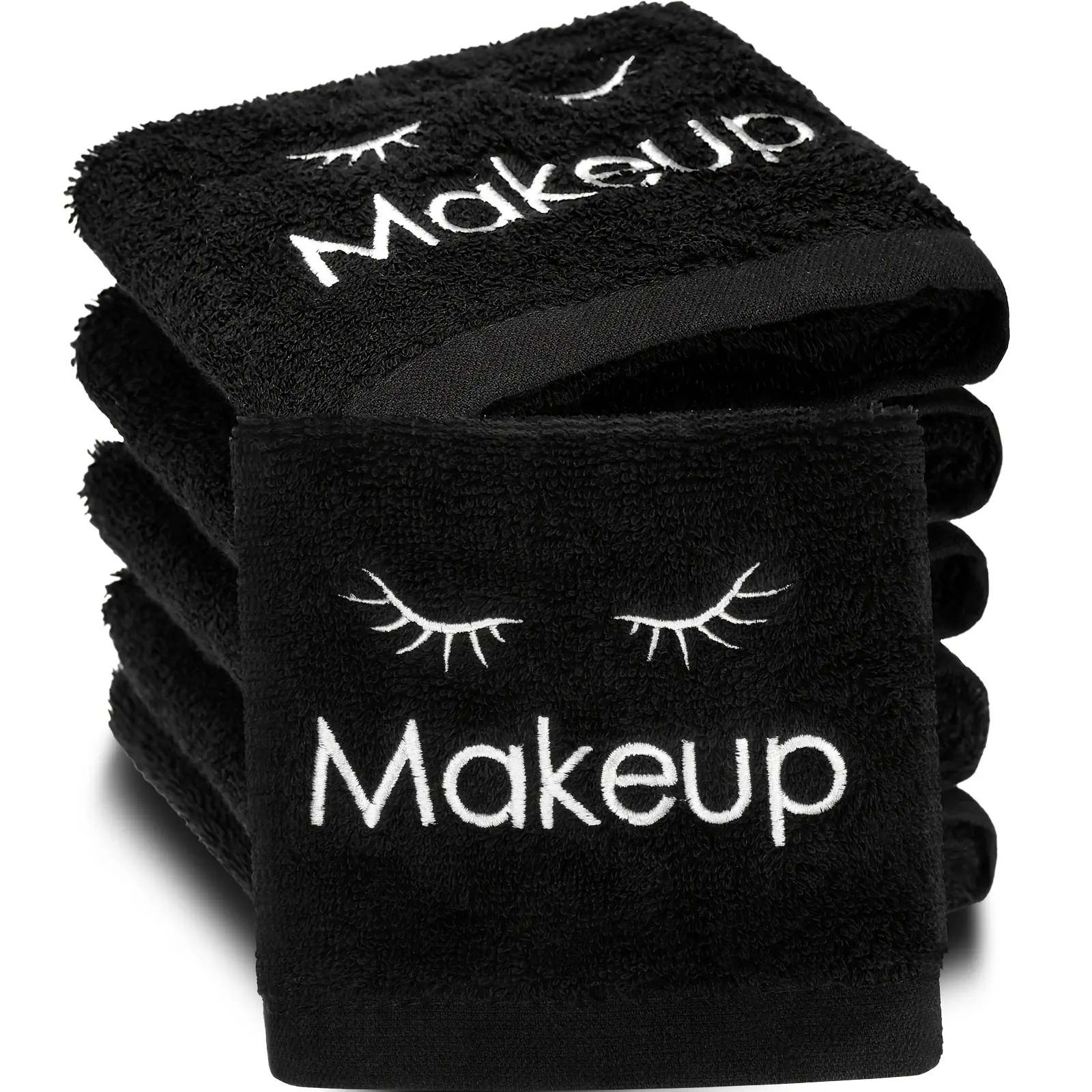 12pcs Black Makeup Washcloths, 13x13 Inch - Reusable Facial Cleansing Towels with "MAKEUP" Print & Eyelash Design, Water Absorbent Light Beige Care Cloths for Women, OUTUS