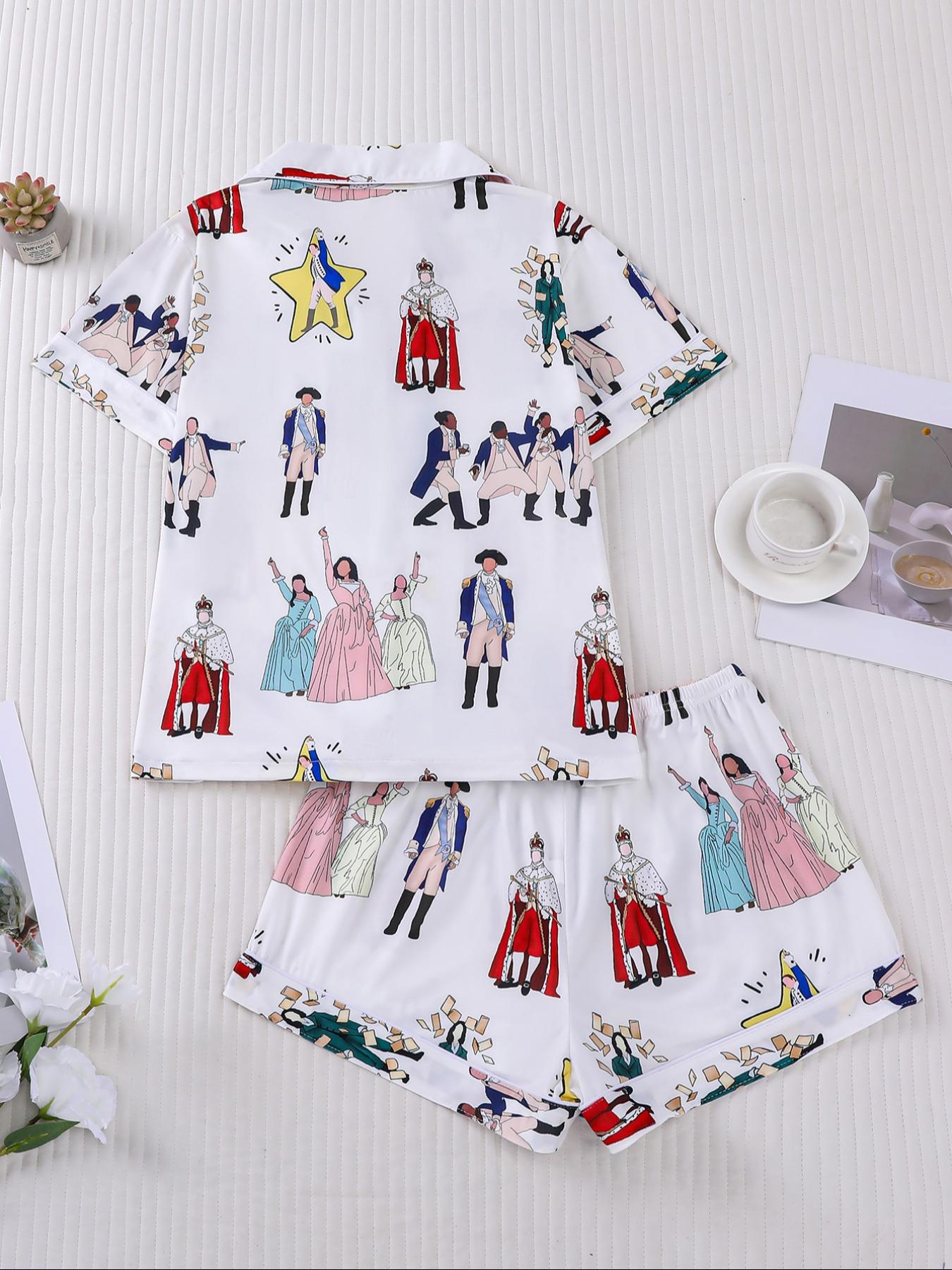 Hamilton Musical Themed Women's Pajama Set, Short Sleeve Shirt Collar Button Soft Top & Elastic Shorts, Casual Home Wear