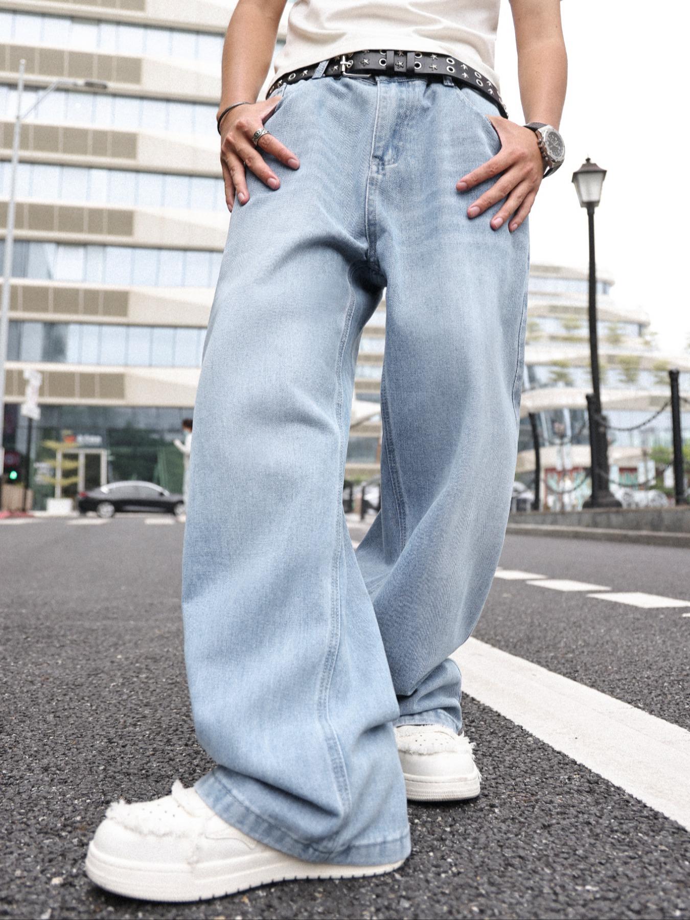 Men's Solid Color Denim Jeans, Loose Casual Comfy Wide Leg Trousers for Daily Wear, Woven Bottoms for All Seasons, Jean Pants Bottoms