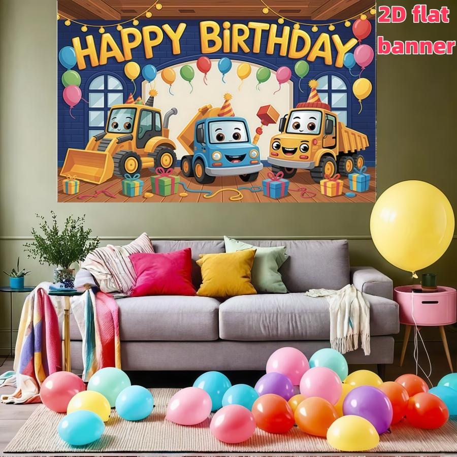 Construction vehicle birthday background banner, bright cartoon truck and balloon design, made of polyester material, suitable for living rooms, bedrooms, offices, birthdays, anniversaries, home decoration, outdoor and indoor parties