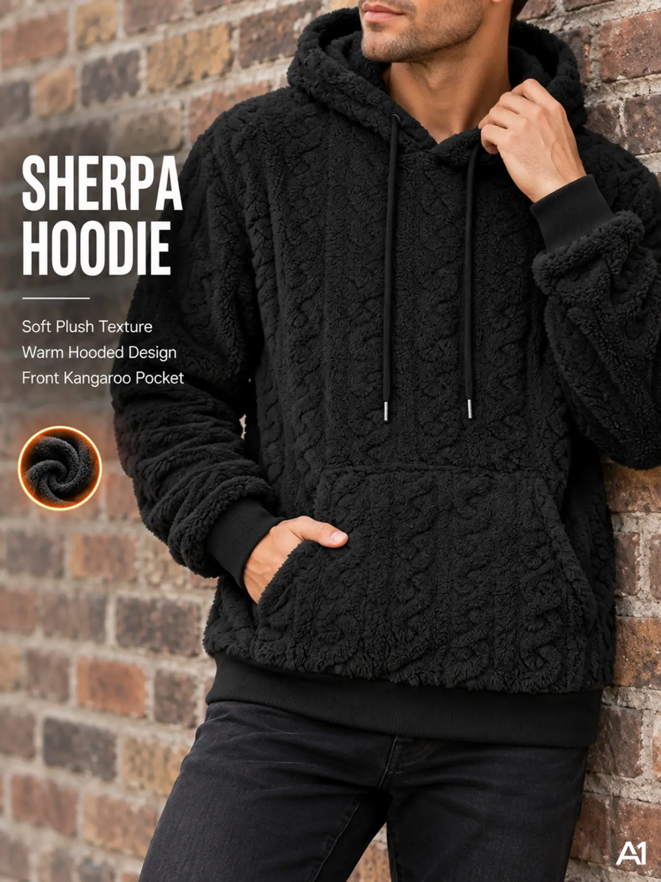 A1 Men’s Sherpa Fleece Hoodie, Thick Plush Textured Pullover Hooded Sweatshirt with Drawstring, Ribbed Cuffs & Hem and Kangaroo Pocket, Relaxed Fit Warm Casual Loungewear & Streetwear Casual Hoodie Pullovers for Fall Winter