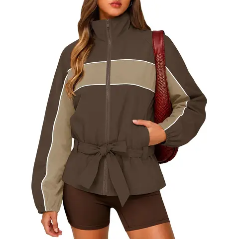 Yousify Women's Lightweight Mock Neck Long Sleeve Full Zipper Belted Waist Polyamide Windbreaker Coat - Casual Tops for Women, Machine Washable Outerwear