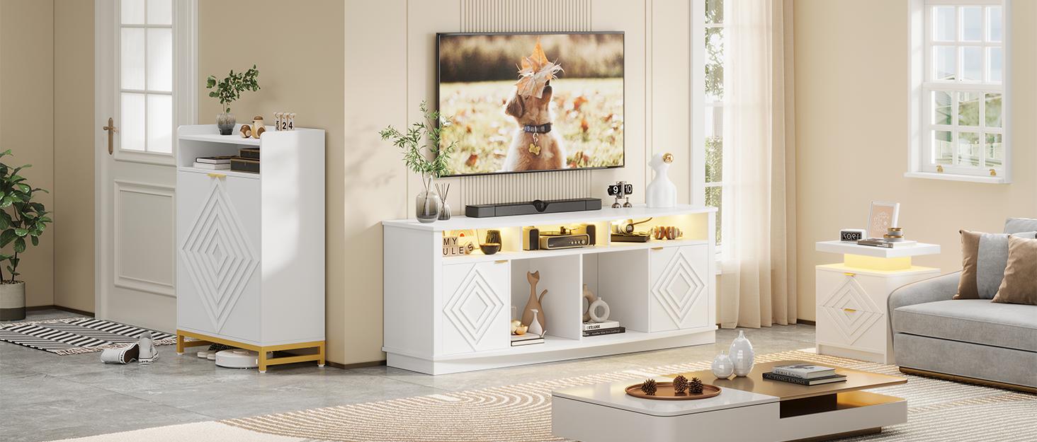 【SPOTLIGHT DAY】ONBRILL LED TV Stand for 80 Inch TV, 70 Inch Entertainment Center with Power Outlets, Modern TV Console Gaming Media Television Stands with Storage for Living Room, Bedroom, Gaming Room