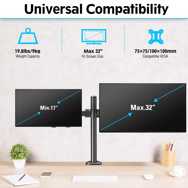 MOUNTUP 17"-32" Dual Monitor Desk Mount, Max 27" for Curved Screens, Each Hold Up to 19.8lb, VESA 75x75mm or 100x100mm, Fully Adjustable Dual Monitor Arm for 2 LCD Screens, Dual Monitor Stand with C-Clamp and Grommet Base MU0002