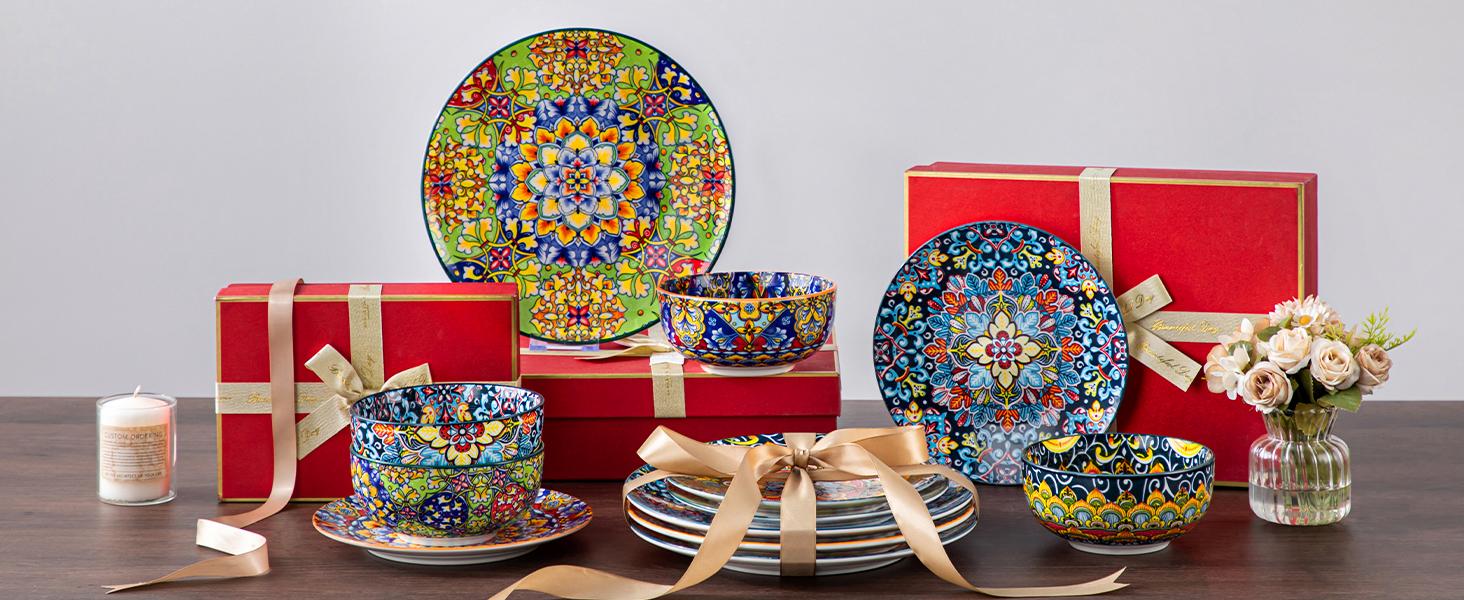 vancasso 12 Pieces Dinnerware Sets, Plates and Bowls Set, Porcelain Dishes Set for 4, Microwave and Dishwasher Safe, Scratch Resistant, Bohemian Style Dining Ware Service for 4, Series SIMI