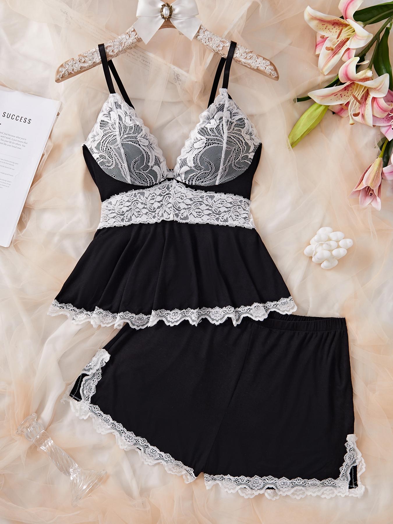 Women's Plain Lace Patchwork Pajama Set, Adjustable Spaghetti Strap V Neck Fitted Camisole & Elastic Waist Shorts PJ Set, Ladies Sleepwear for All Seasons