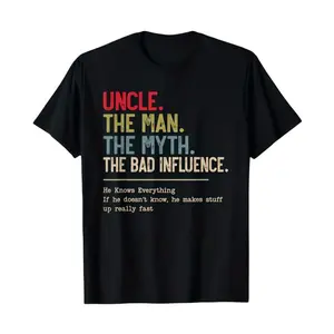 Uncle The for Man The Myth The Bad Influence T-Shirt, Funny Slogan Gift, Round Neck Casual Tee for Men & Women, Black with Multicolor Text Print, for Christmas Birthdays Family Parties, Funny Uncle Gift Idea for Cool Aunts & Uncles