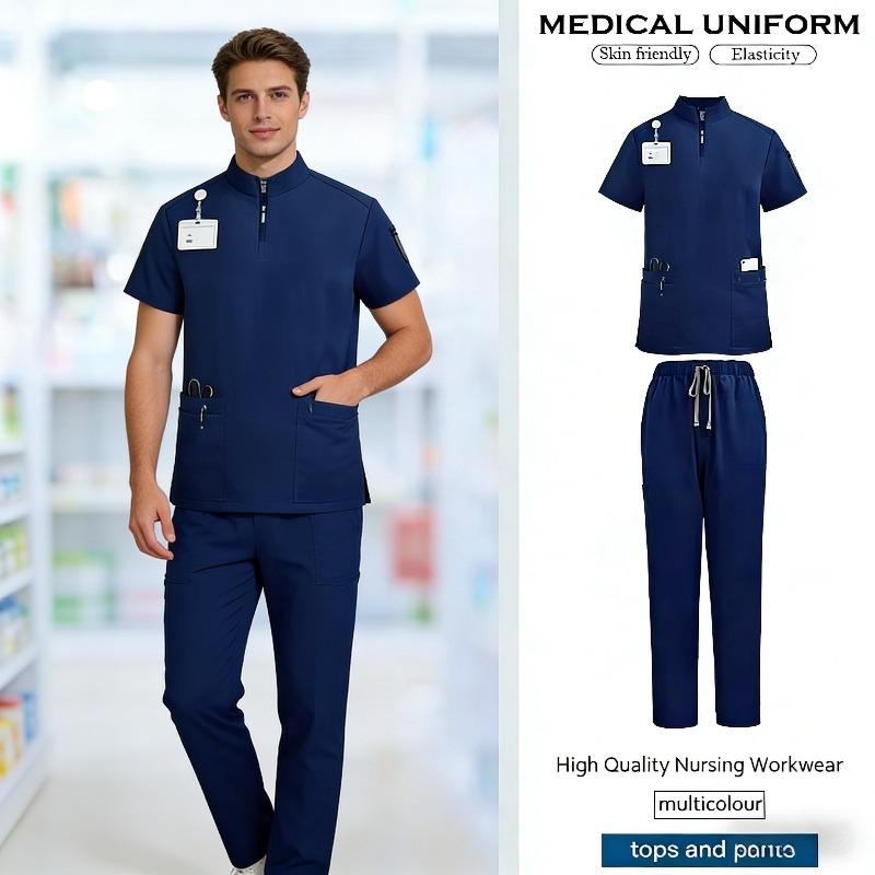 Summer Short Sleeved Nurse Uniform Casual Pharmacy Work Accessories Hospital Beauty Salon Doctor's Nursing Uniform Men's Frosted Suit Nurse Uniform
